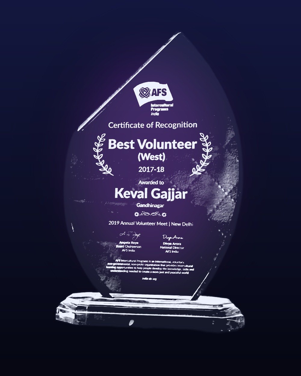 Keval Gajjar — Best Volunteer (West) trophy
